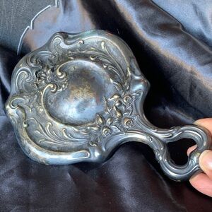 Antique Silver Repousse Handheld Vanity Mirror Estate Sale Find